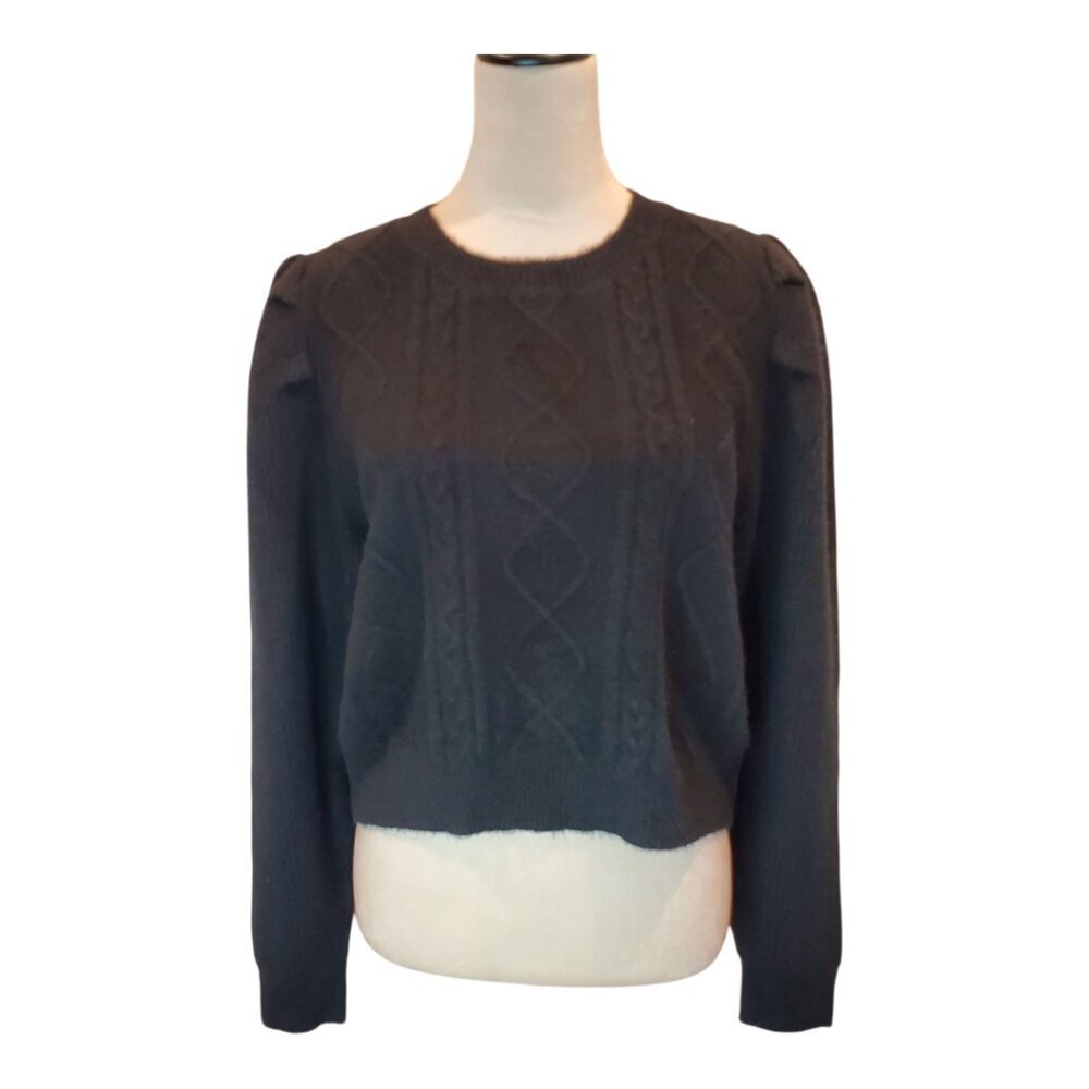 NEW THE DROP SZ L Women's Gloria Puff Sleeve Cable-Knit Sweater in Black